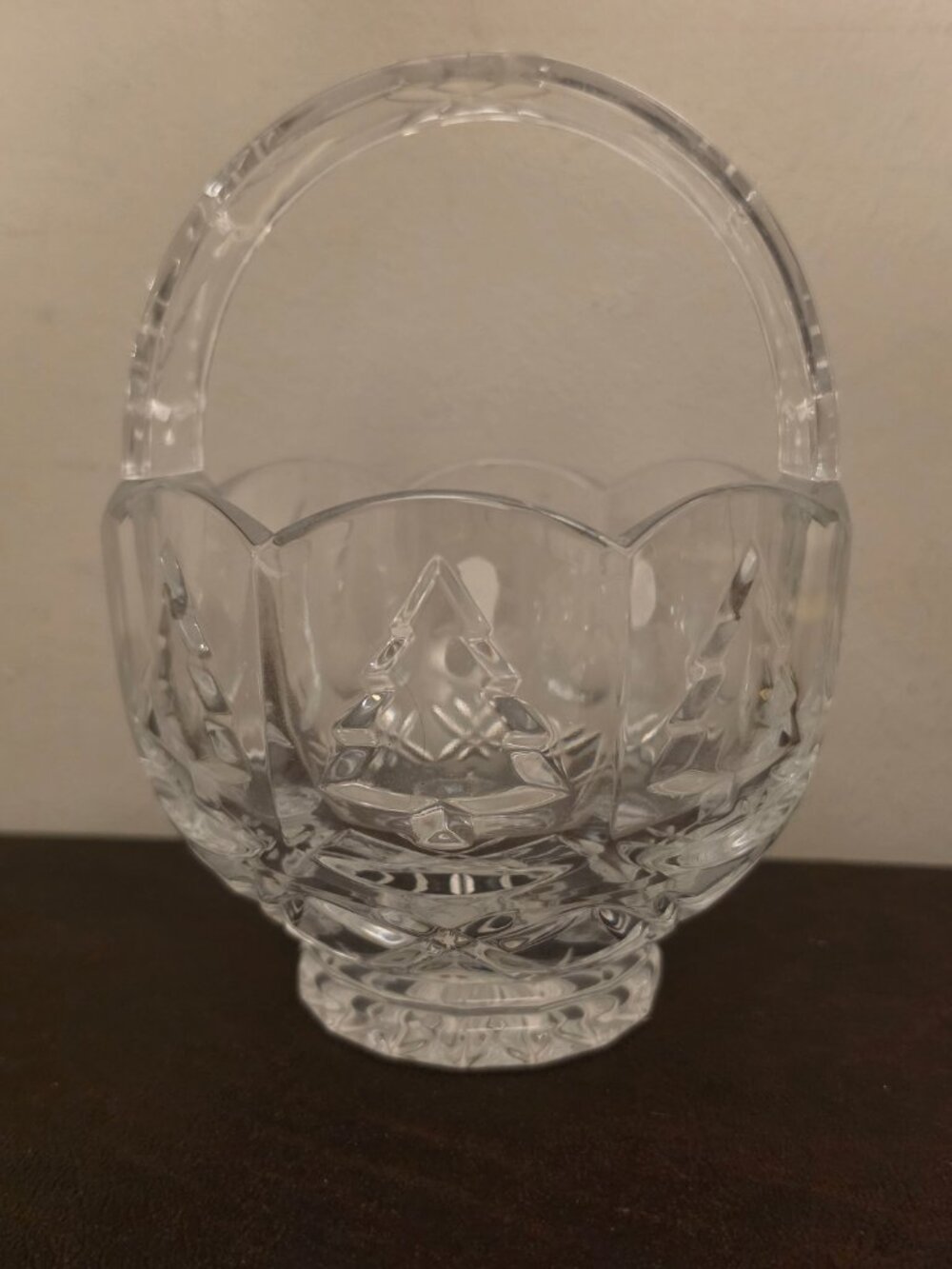 Hand-cut lead crystal basket, made in Poland,6 inches tall with a handle /clear